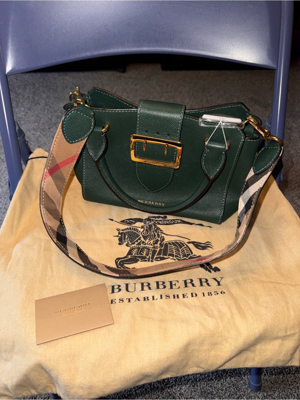 Burberry Forest Green Leather Shoulder Bag with Check Strap